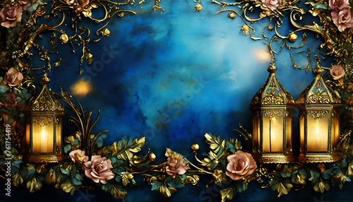 青い壁とランプと花のフレーム AI画像 ジェネレーティブAI