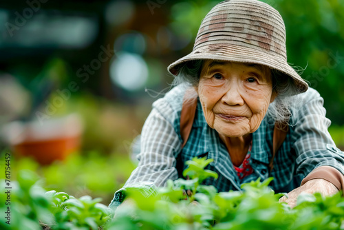 Old woman wearing hat and plaid shirt is in garden.