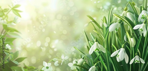 Green background with snowdrops and leaves bright and light colors Generative AI
