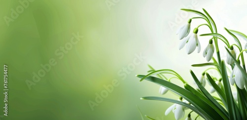 green background with snowdrops and leaves  banner design Generative AI