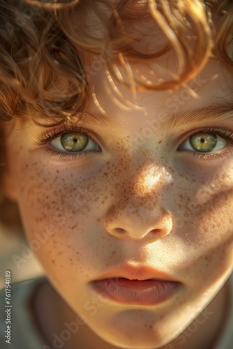 Child with freckled face and soulful eyes in sunlit outdoors, looking serene and natural