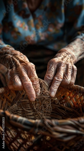 A traditional basket woven by elderly hands embodies time-worn textures and cultural heritage connections