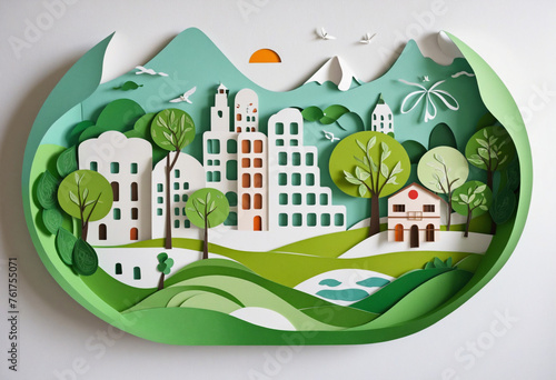 Eco friendly city concept in a beautiful paper cut style design. Green living and urban sustnability on Earth.   photo