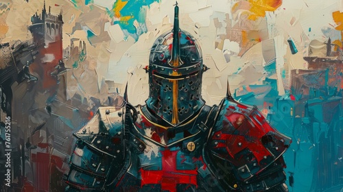 Abstract art depicts a medieval crusader knight in armor with a castle background photo