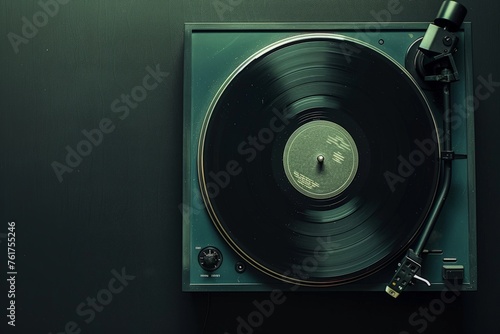 A record player is mounted on a wall, with a vinyl record playing on it.
