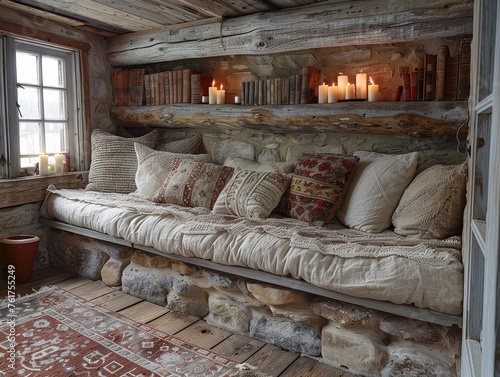 Cozy, candle-lit reading nook, capturing the rustic charm and intimate allure of simple, unscripted moments of relaxation photo