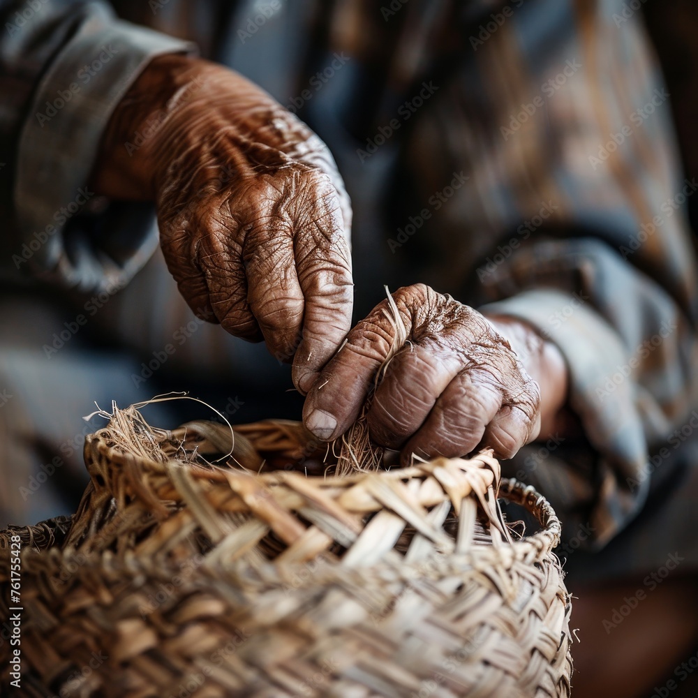 Craftsman's hands expertly weave a basket, capturing real textures and skilled craftsmanship essence