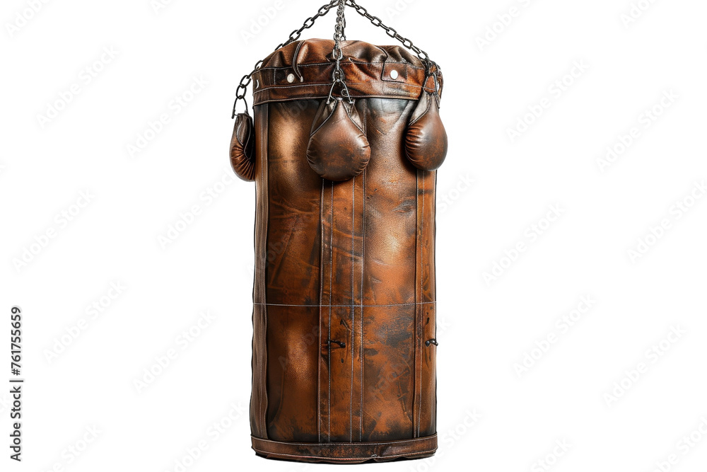 A brown leather punching bag swings gracefully from a sturdy chain