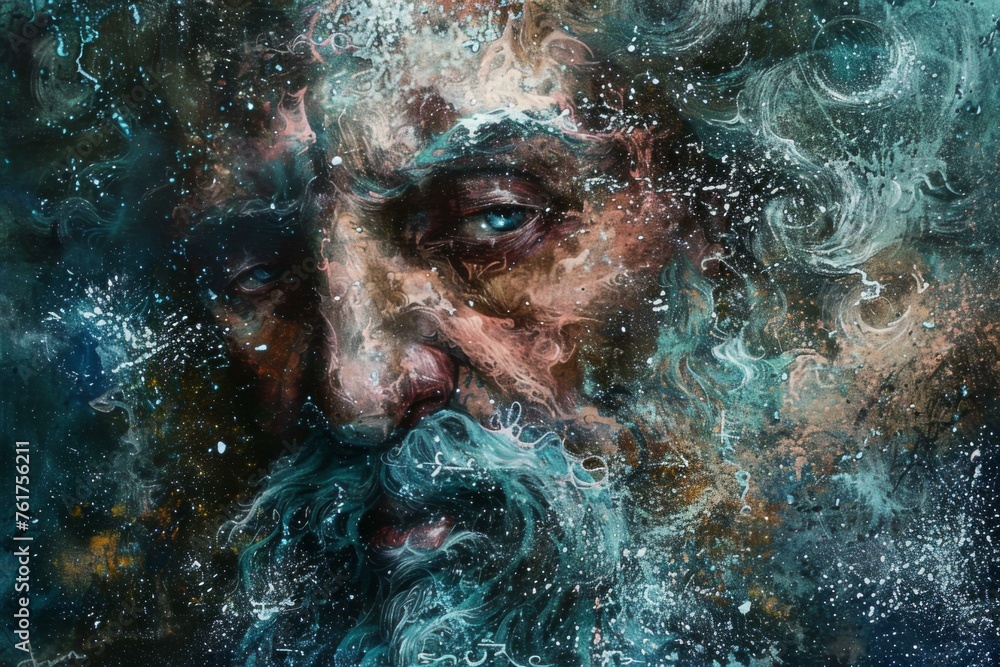Poseidon the mythical god of oceans depicted in a powerful oil painting