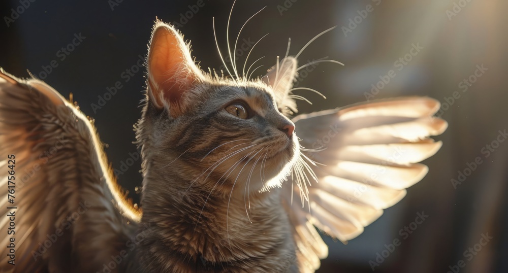 A close-up view of a feline creature with wings attached to its back.