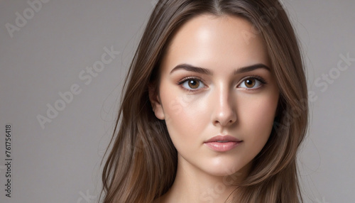 Young adult woman with brown hr looking at camera, indoors 