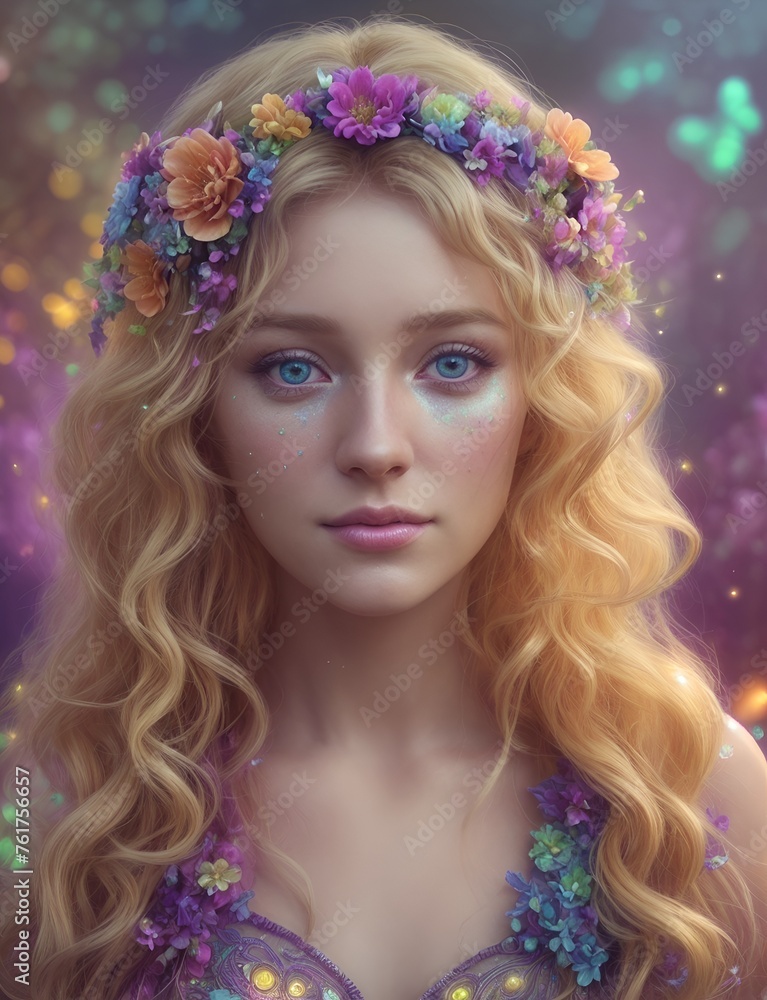 portrait of a blonde curly woman with flowers portrait of a blonde curly woman with flowers