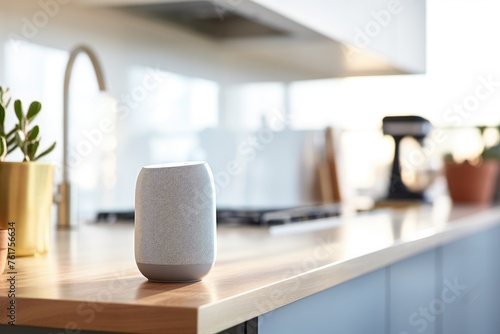 Smart speaker on kitchen counter in a modern home interior photo