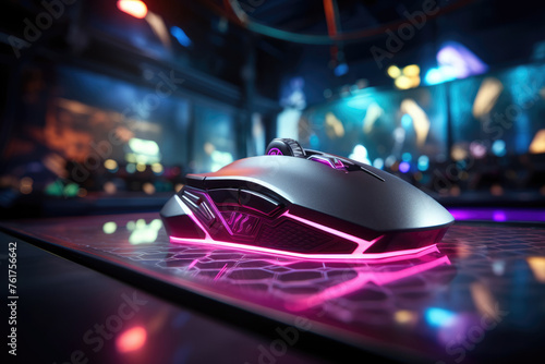 Futuristic gaming mouse with neon lights on a dark background photo