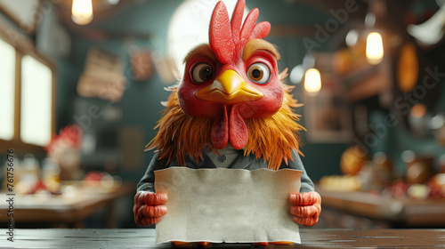 the character of a rooster with a piece of paper in his hands . 3d illustration
