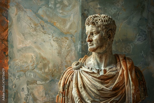 Trajan the Roman Emperor depicted in a marble bust with an ancient oil painting style