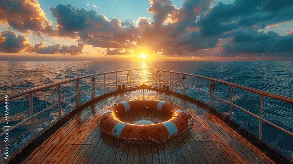 a ship deck overlooking a vast blue ocean, adorned with a buoy and lifebuoy, creating a captivating maritime background. - obrazy, fototapety, plakaty 