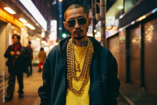 Asian rapper standing on a city street