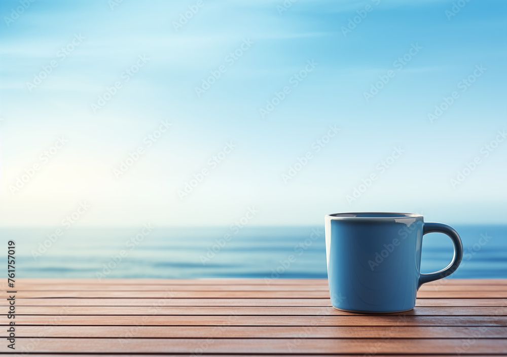 Fototapeta premium A blue ceramic mug in the morning sunlight on a wooden countertop against the backdrop of the sea. Creates a serene and tranquil scene, perfect for promoting coastal retreats, seaside cafes