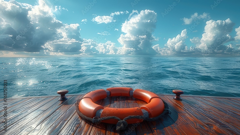 a ship deck overlooking a vast blue ocean, adorned with a buoy and lifebuoy, creating a captivating maritime background. - obrazy, fototapety, plakaty 