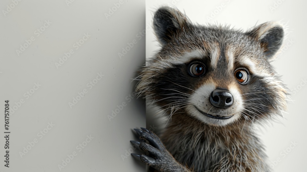 A cartoon character of a raccoon on a gray background. 3d illustration