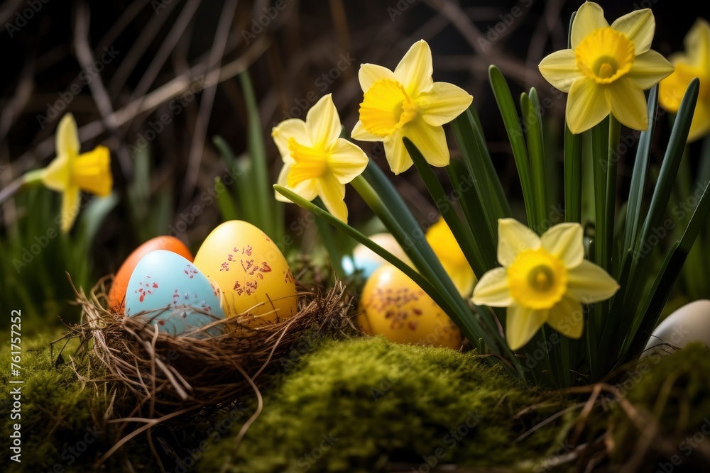 Easter eggs hiding in the grass with daffodil - generative ai Easter eggs hiding in the grass with daffodil - generative ai