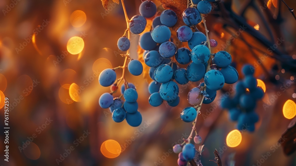 Clusters of ripe blueberries are dangling from the branches of a tree, ready for harvesting. Clusters of ripe blueberries are dangling from the branches of a tree, ready for harvesting.