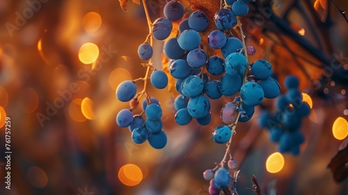 Clusters of ripe blueberries are dangling from the branches of a tree, ready for harvesting.