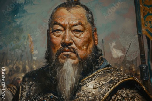 Genghis Khan Mongol Leader portrayed in an oil painting as historical figure and warrior