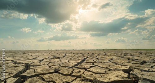 The sun breaks through clouds, casting light on a cracked field below.