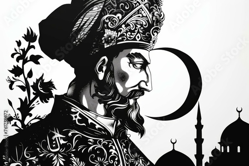 Suleiman the Magnificent depicted as an Ottoman Sultan with a silhouette portrait in monochrome showcasing historical Turkish culture and Islam photo