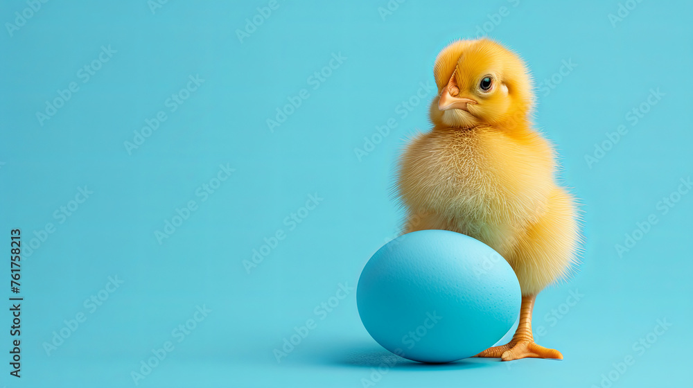 Little yellow chicken with eggs, easter concept , blue background Little yellow chicken with eggs, easter concept , blue background