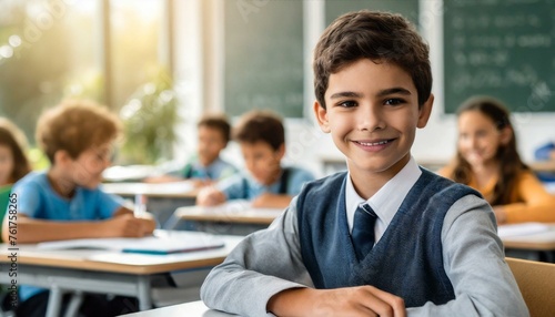 young boy in a classroom smiles confidently at his desk