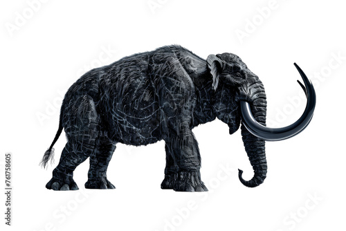 A regal elephant with lengthy tusks stands proudly on a stark white background © Hashi