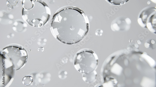 Close-up of white transparent drops of liquid bubbles molecules isolated