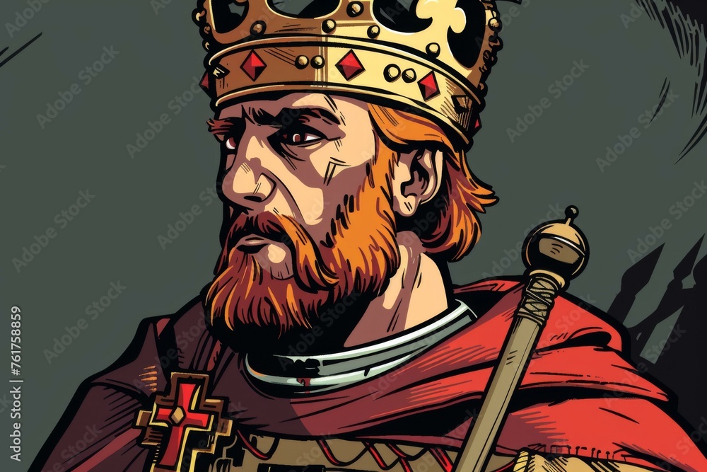Cartoon of King Richard Lionheart in medieval armor and crown with a historical and regal profile