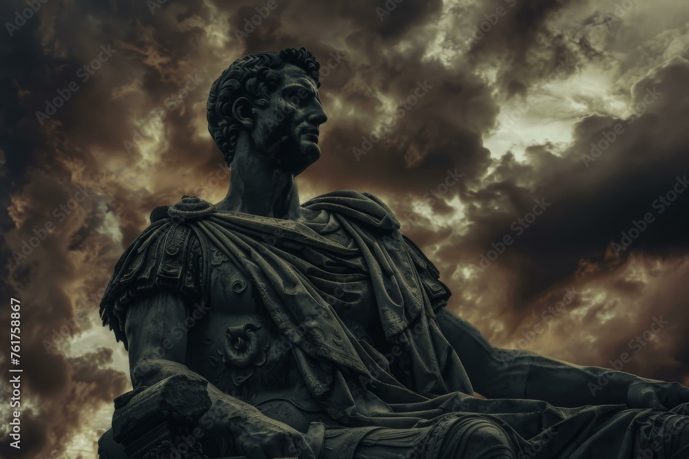 Julius Caesar Roman Dictator statue under dark clouds reflects history and antique elements