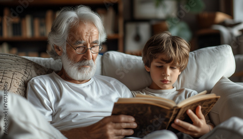 Grandfather reading book with child, grandson. Confrontation between online and offline life