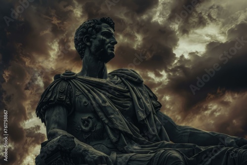 Julius Caesar Roman Dictator statue under dark clouds reflects history and antique elements photo