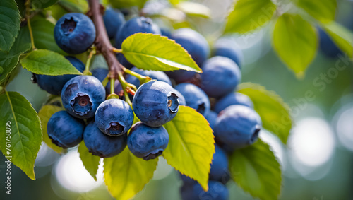 ripe blueberries on a branch in nature summer