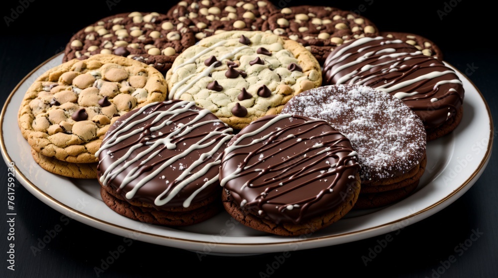 Plate of chocolate-covered cookies adorned with decadent decorations Plate of chocolate-covered cookies adorned with decadent decorations