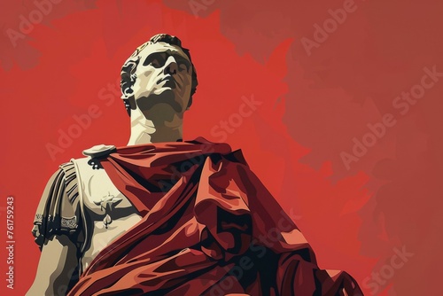 Julius Caesar Roman dictator statue in minimalist style with a red backdrop