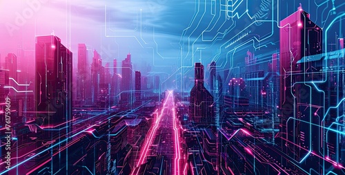 Abstract city background. Futuristic technology style. Elegant background for business tech presentations. Futuristic cityscape intertwined with circuitry patterns, illustrating the integration of AI. photo
