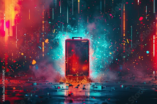 Close-up of a burning electric battery on a dark background with sparks. Stylized battery icon emitting energetic sparks, symbolizing the extreme overcharge of a power source. 