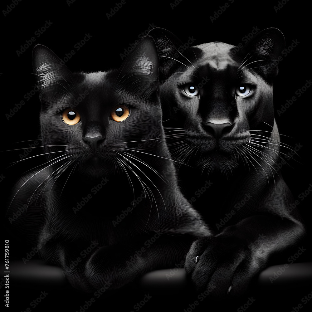 black cat and black panther isolated on black background black cat and black panther isolated on black background
