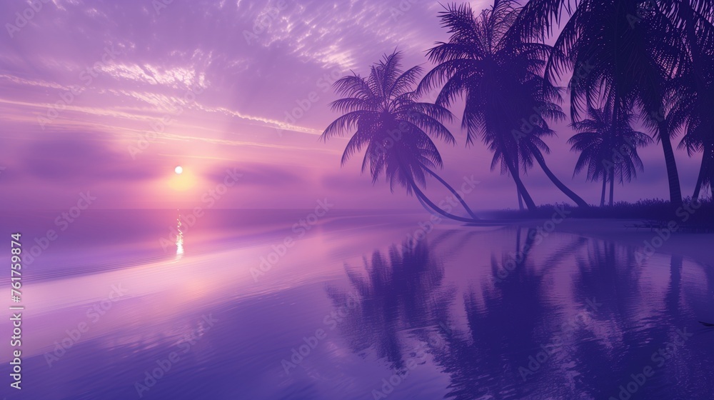 Enchanted Tropical Beach at Twilight: The Last Rays of the Sun Illuminating the Scene with a Soft, Purple  Creating a Scene of Utter Tranquility and Beauty.