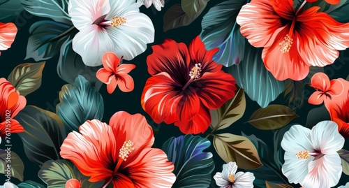 A collection of red and white flowers contrast against a vibrant green backdrop.