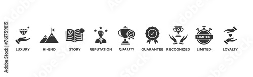 Superbrand banner web icon vector illustration concept with icon of luxury, hi-end, story, reputation, quality, guarantee, recognized, limited and loyalty	
