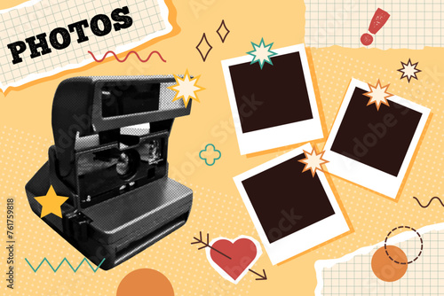 Banner in vintage new nostalgia collage style. Halftone camera with photos and vector elements. Retro vector pop art design. Retro photography camera.