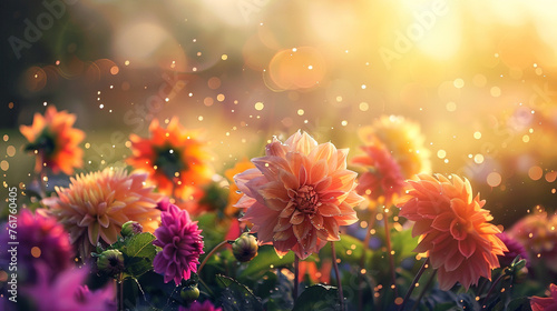 Colorful Dahlia Mix blooms with rain drops  in rustic garden in sunset background